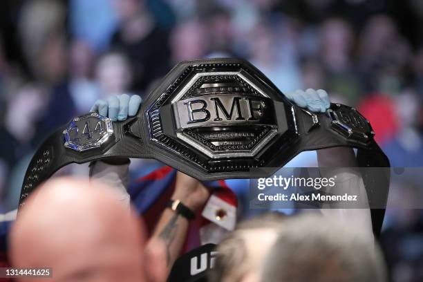 The BMF belt of Jorge Masvidal of the United States is seen during walkouts for his fight against Kamaru Usman of Nigera during the Welterweight...