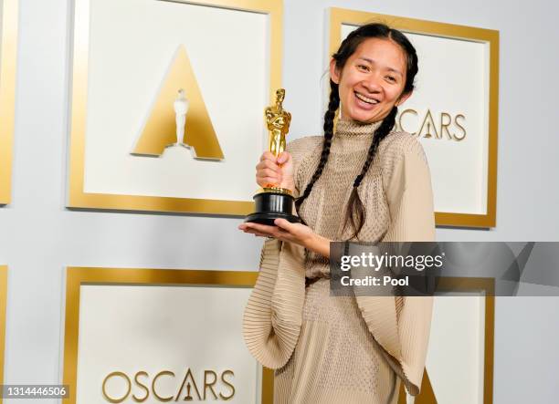 Director/Producer Chloe Zhao, winner of Best Picture for "Nomadland," poses in the press room at the Oscars on Sunday, April 25 at Union Station in...