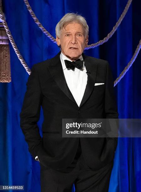 In this handout photo provided by A.M.P.A.S., Harrison Ford speaks onstage during the 93rd Annual Academy Awards at Union Station on April 25, 2021...