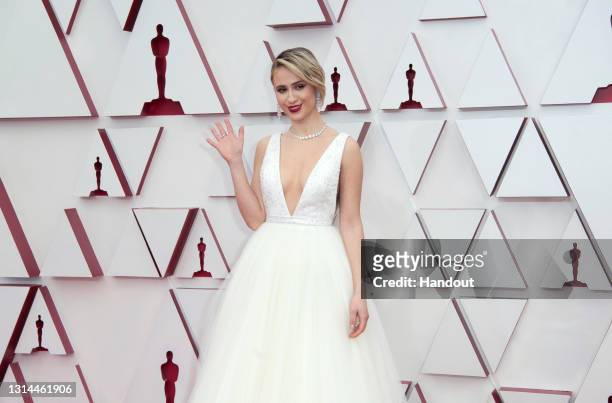 In this handout photo provided by A.M.P.A.S., Maria Bakalova attends the 93rd Annual Academy Awards at Union Station on April 25, 2021 in Los...