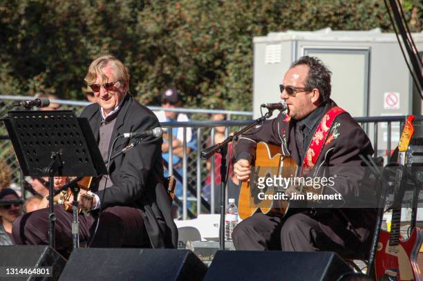 Singer, songwriter and guitarist T-Bone Burnett and singer, songwriter and guitarist Elvis Costello perform live on stage at Hardly Strictly...