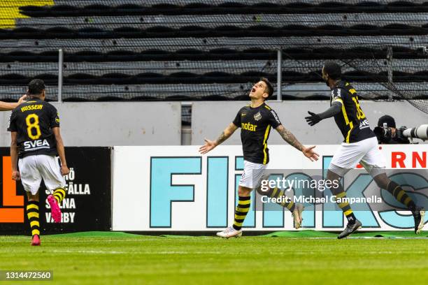 Nicolas Stefanelli of AIK celebrates scoring the 1-0 goal with teammates during an Allsvenskan match between AIK and Hammarby IF at Friends Arena on...