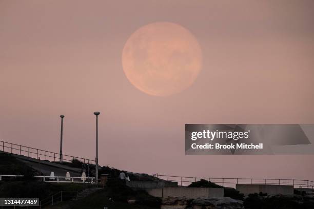 Pink super moon rises over Bondi Beach on April 26, 2021 in Sydney, Australia. The pink super moon is the first of two super moons which will be...