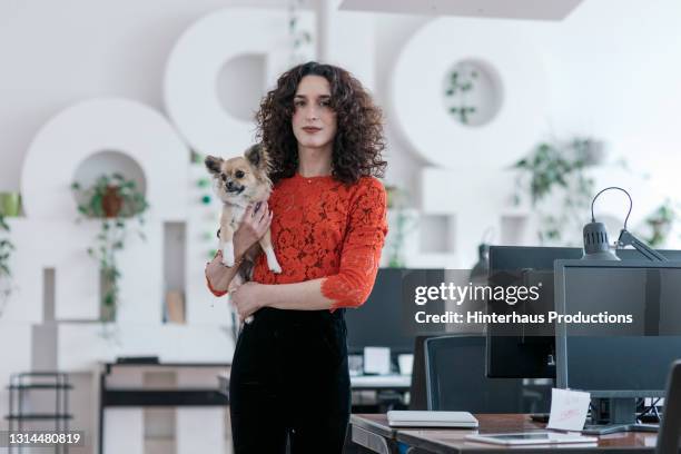 portrait of transgender office employee holding small dog - office dog stock pictures, royalty-free photos & images