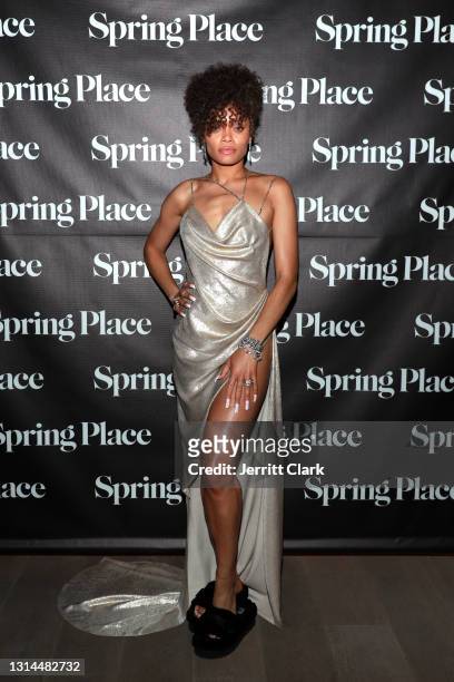 Andra Day attends Spring Place’s Oscars party honoring Andra Day and the cast of The United States vs. Billie Holiday on April 25, 2021 in Beverly...