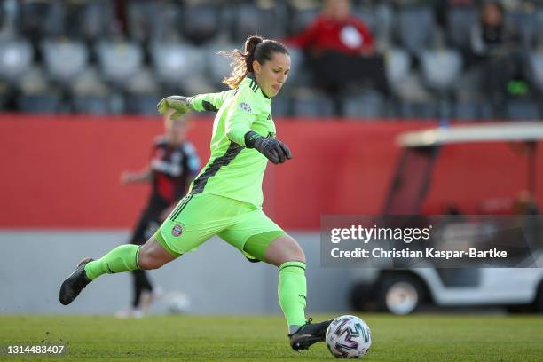 Laura Benkarth of FC Bayern München in action during the First Leg of the UEFA Women's Champions League Semi Final match between Bayern Munich and...