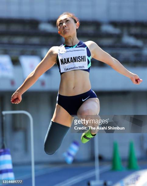 Maya Nakanishi competes in the Women's Long Jump T64 on day two of the Japan Para Athletics Championships at the Yashima Rexxam Field on April 25,...