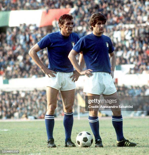 Luigi Riva and Gianni Rivera of Italy looks on, Italy.