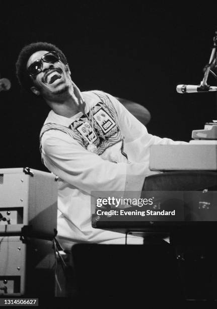 American singer, songwriter and musician Stevie Wonder performs at the Rainbow Theatre in Finsbury Park, London, UK, 24th January 1974.