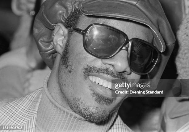 American singer, songwriter and musician Stevie Wonder in the UK, 25th January 1974.