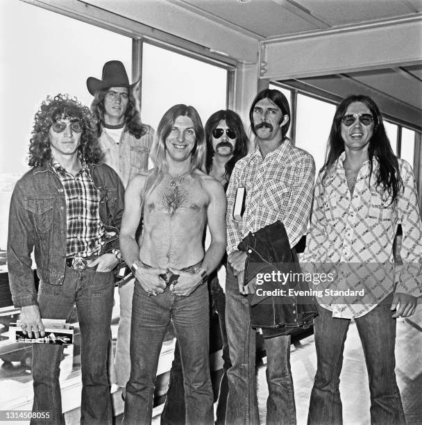 American Southern rock band Black Oak Arkansas, UK, 16th May 1974. From left to right, they are drummer Tommy Aldridge, bass player Pat Daugherty,...