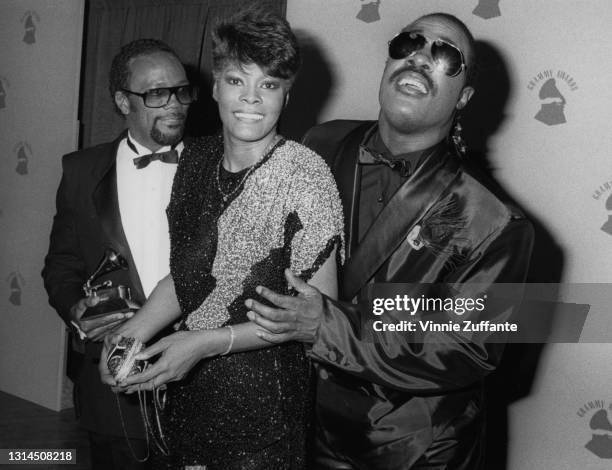 American record producer, musician and songwriter Quincy Jones, American singer Dionne Warwick and American singer-songwriter and musician Stevie...