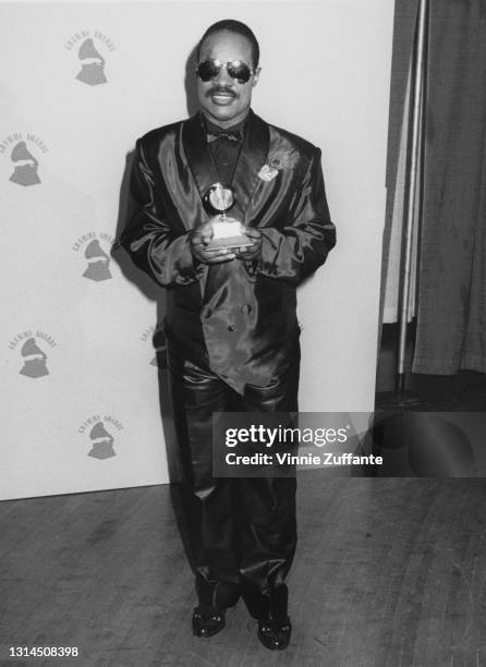 American singer-songwriter and musician Stevie Wonder attends the 28th Annual Grammy Awards, held at the Shrine Auditorium in Los Angeles,...