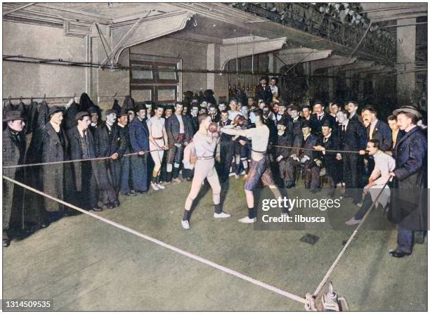 antique photograph of the british empire: boxing at the regent street polytechnic - sports training stock illustrations