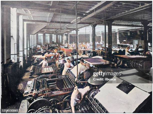antique photograph of the british empire: printing in the central hall of "la belle sauvage" - news desk stock illustrations