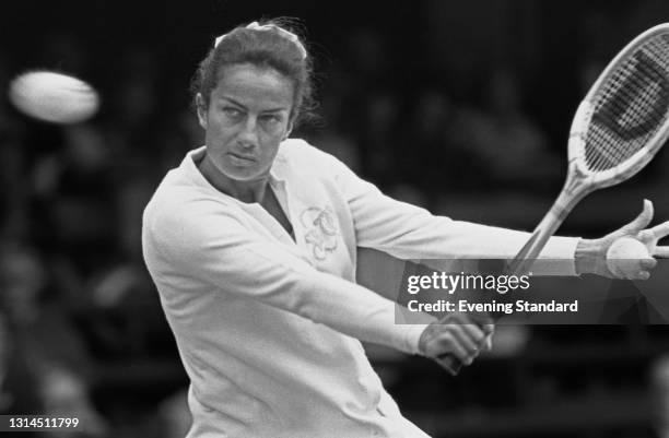 British tennis player Virginia Wade competes in the 1973 Wimbledon Championships in London, UK, July 1973.