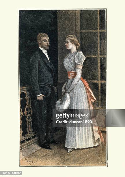 ilustraciones, imágenes clip art, dibujos animados e iconos de stock de joven pareja hablando por una ventana del balcón, victoriano siglo xix - victorian gown