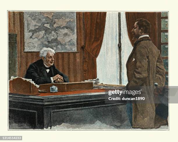 victorian man talking to his bank manager, 19th century - man being interviewed stock illustrations