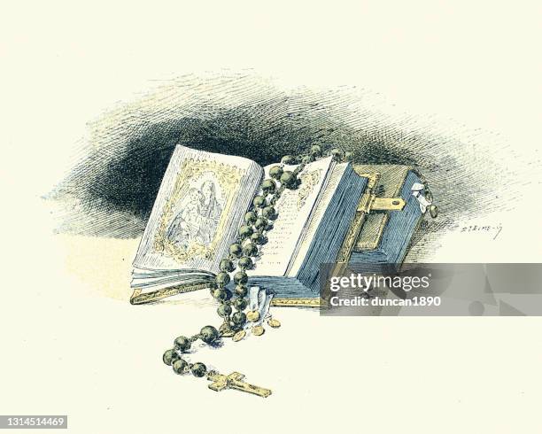 open bible and rosary beads, victorian 19th century - rosary beads stock illustrations