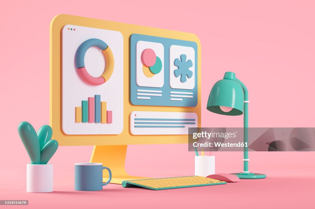 Yellow Computer Cartoon Yellow Cartoon Computer By Electric Lamp Against Pink Background High ...