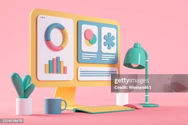 yellow cartoon computer by electric lamp against pink background - keypad stock illustrations
