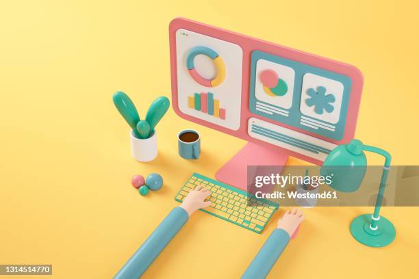 ilustraciones, imágenes clip art, dibujos animados e iconos de stock de cartoon hands using pink computer on yellow background - equipo informático