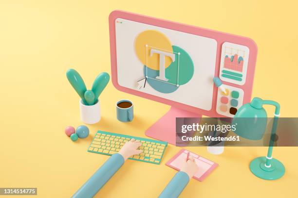 cartoon hands writing while working on computer by electric lamp - graphic designer stock illustrations