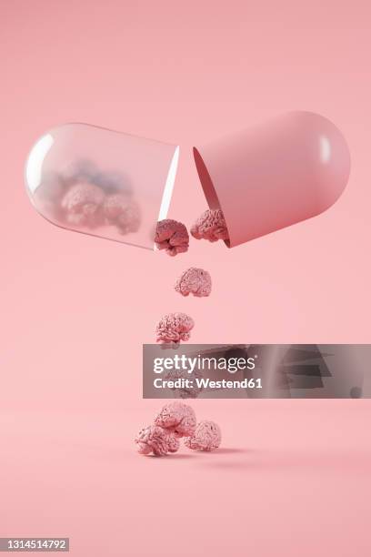 ilustraciones, imágenes clip art, dibujos animados e iconos de stock de brain shaped pills 3d illustration - pil