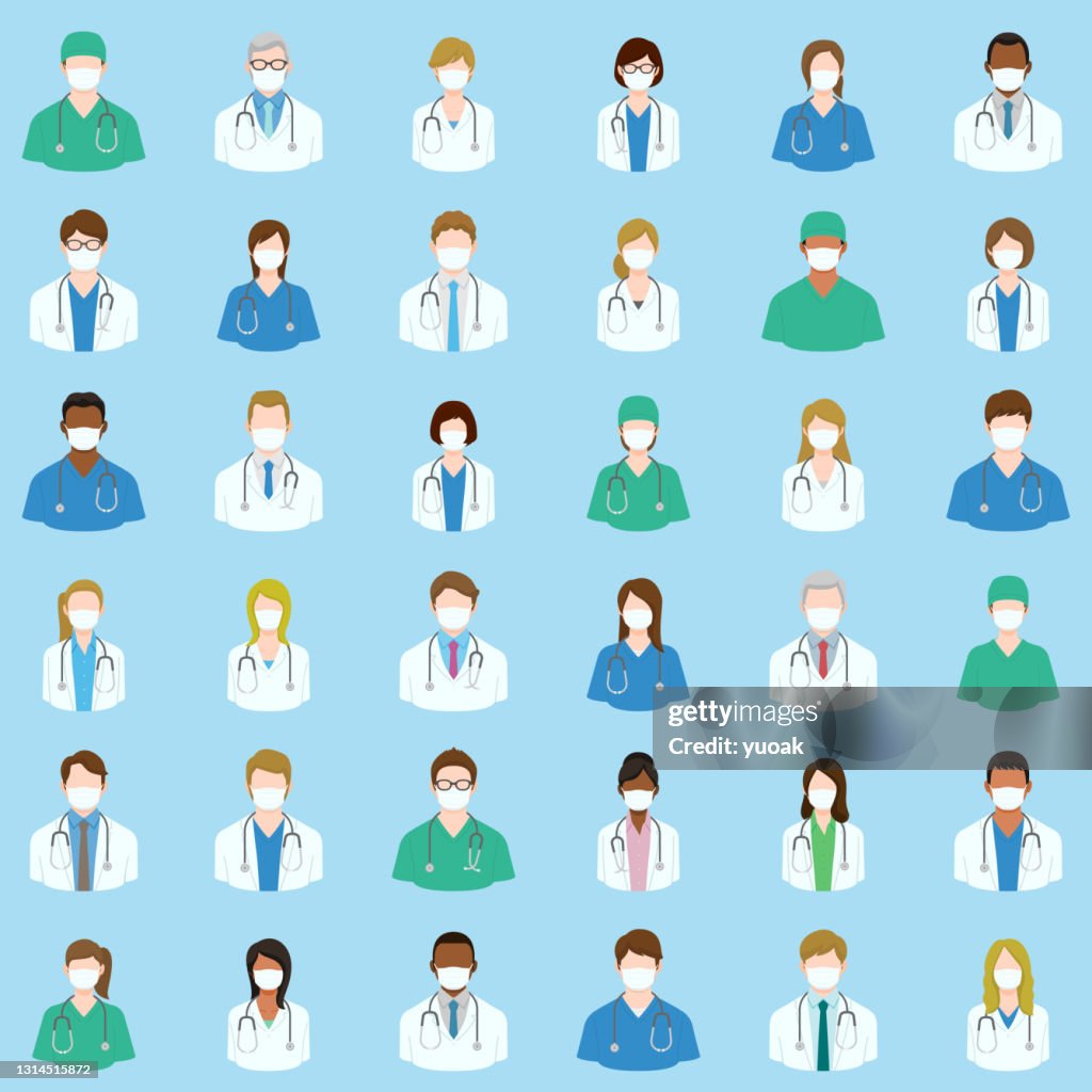 Conjunto de médicos e enfermeiros avatares em máscaras médicas