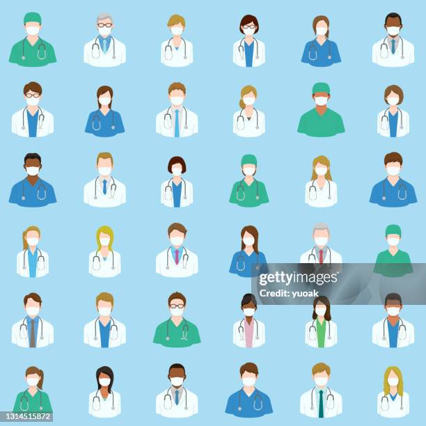 set of doctors and nurses avatars in medical masks - japan old lady stock illustrations