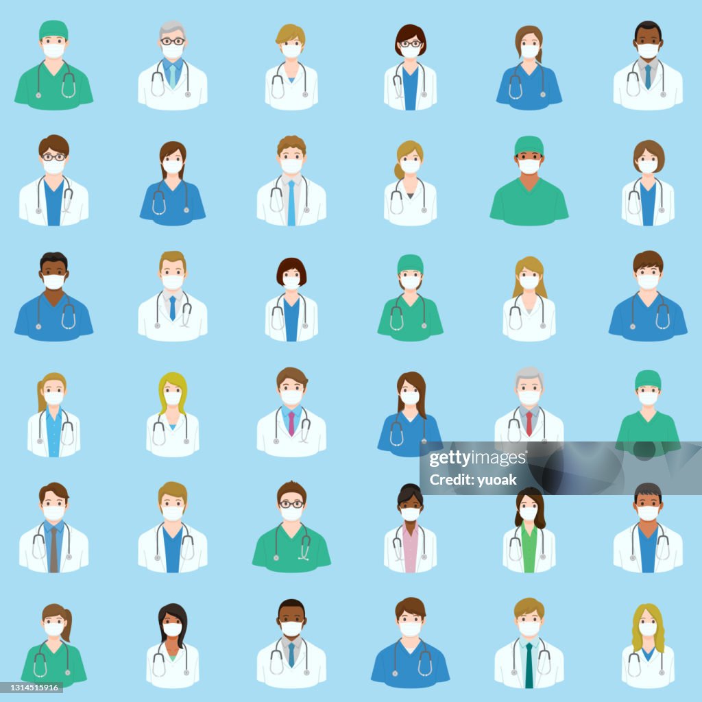 Conjunto de médicos e enfermeiros avatares em máscaras médicas