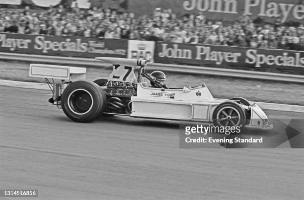 British racing driver James Hunt in his Hesketh Racing March 731 Ford V8 during the 1973 British Grand Prix at Silverstone, UK, 14th July 1973.