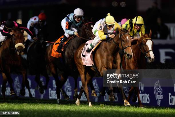 John Velazaquez guides Perfect Shirl to win the Breeders' Cup Filly & Mare Turf during the 2011 Breeders' Cup World Championships at Churchill Downs...