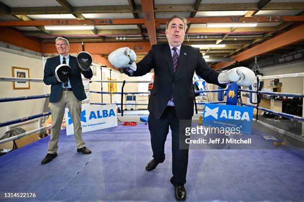 Former First Minister and leader of the Alba Party, Alex Salmond, poses for a picture with Kenny MacAskill in the boxing gym of former world champion...