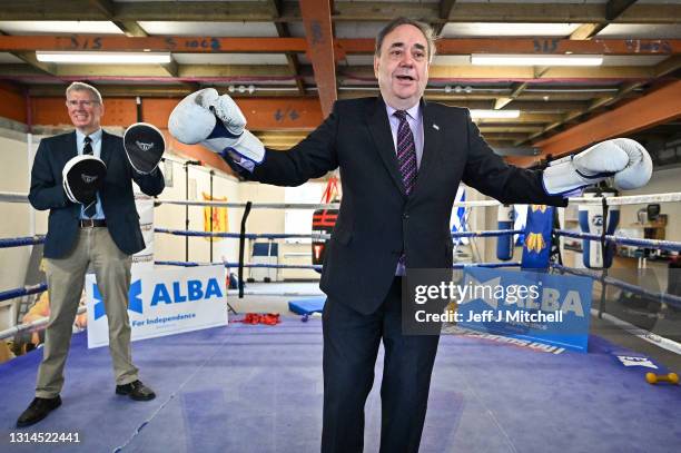 Former First Minister and leader of the Alba Party, Alex Salmond, poses for a picture with Kenny MacAskill in the boxing gym of former world champion...