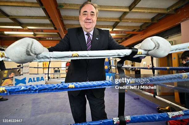 Former First Minister and leader of the Alba Party, Alex Salmond, poses for a picture with Kenny MacAskill in the boxing gym of former world champion...