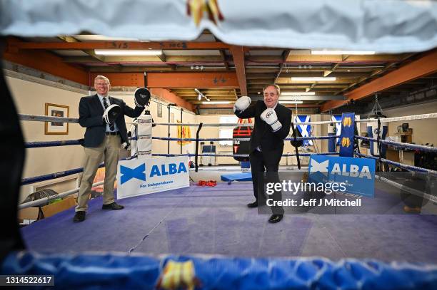 Former First Minister and leader of the Alba Party, Alex Salmond, poses for a picture with Kenny MacAskill in the boxing gym of former world champion...