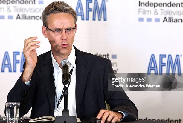 Host Bertrand Moullier, Naval Conseil, FIAPF Senior Expert for International Affairs speaks onstage during the 2011 American Film Market - Day 3 -...