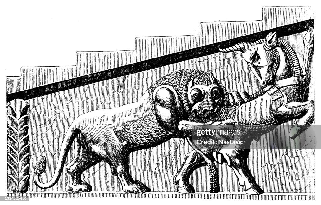 Ancient Persian Sculpture of a lion attacking a bull