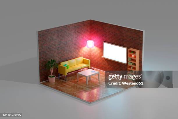 illustrazioni stock, clip art, cartoni animati e icone di tendenza di isometric 3d illustration of furnished living room - camera