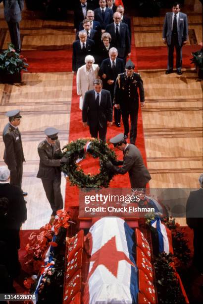 Elevated view of Vice President Walter Mondale , leading the American delegation, during a ceremonial wreath laying at Yugoslavian President Josip...