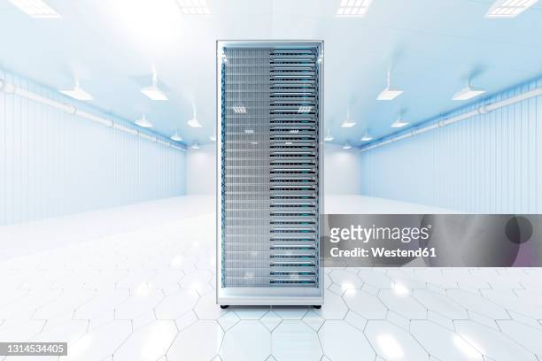 three dimensional render of network server tower standing inside brightly lit server room - network server 幅插畫檔、美工圖案、卡通及圖標