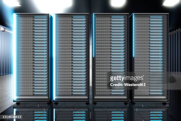 illustrazioni stock, clip art, cartoni animati e icone di tendenza di three dimensional render of network server towers standing in server room - centro elaborazione dati