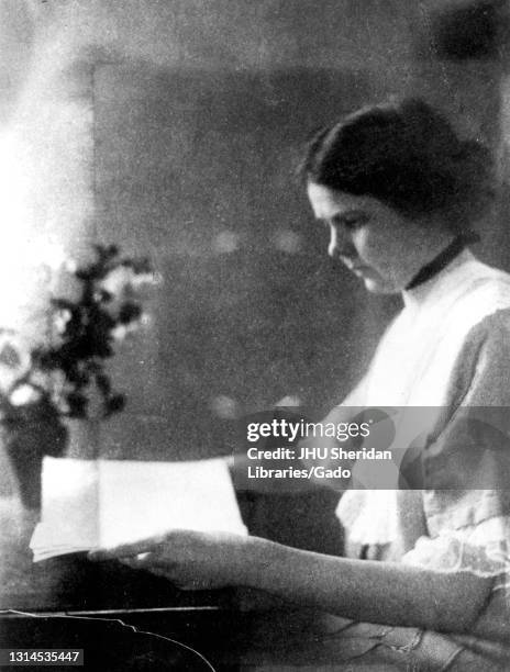 Candid of Julia Anna Gardner, prominent American geologist who was the first female student of Geology at Johns Hopkins University, where she...