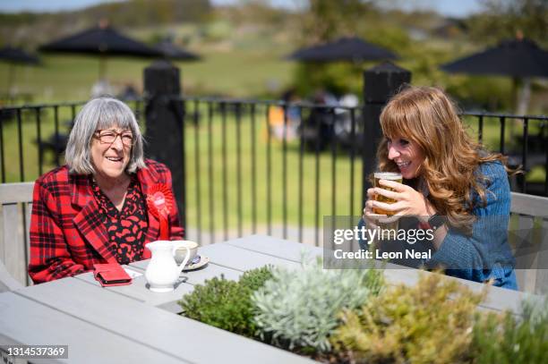 Labour spokesperson for Education, Libraries & Localism Judi Billing jokes with Deputy Leader of the Labour Party Angela Rayner as she enjoys a drink...