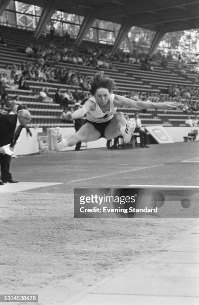 Hungarian athlete Ilona Bruzsenyak competes in the long jump at the Crystal Palace Sports Stadium in London, UK, 29th August 1973.
