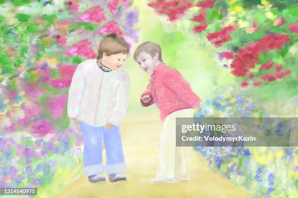 two girls have a lively conversation in a blooming summer garden - limb weakness stock illustrations