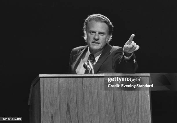 American evangelist Billy Graham addresses Spree '73, short for SPiritual REEmphasis 1973, a Christian festival set up by his organisation at Earls...