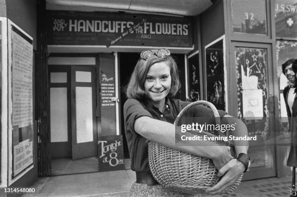 British actress and theatre producer Thelma Holt outside the Open Space Theatre on Tottenham Court Road in London, UK, 18th September 1973. She...