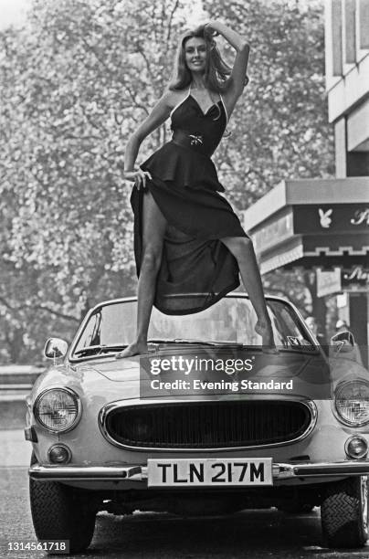 English model and actress Marilyn Cole poses outside the Playboy Club on Curzon Street in London, UK, 19th September 1973. She was Playboy magazine's...